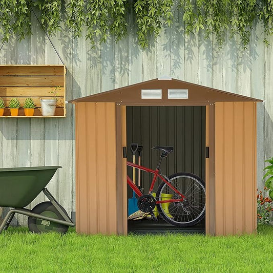 Outsunny 7' x 4' Outdoor Storage Shed, Garden Tool Metal Shed with Foundation Kit, Double Lockable Door, Air Vents and Sloping Roof, for Backyard, Patio, Lawn, Yellow-VerdiqueGarden