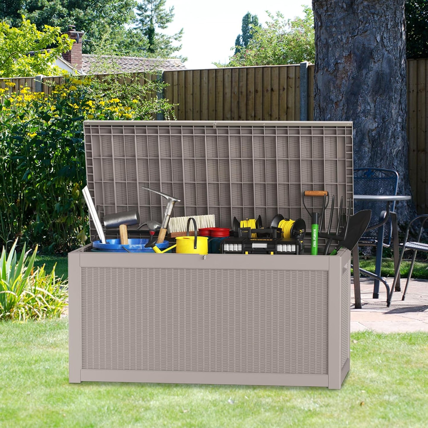 260 Gallon Double-Wall Resin Deck Box - Lockable Waterproof Outdoor Storage Box, 1000lbs Capacity & Doubles as Seating for Patio Furniture - Garden Tools, Pool Accessories (Brown)-VerdiqueGarden