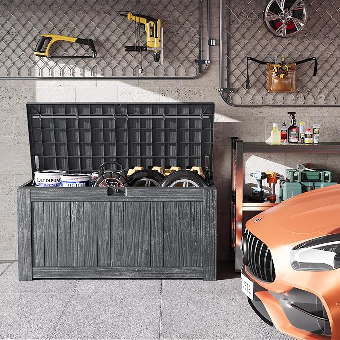 Greesum 120 Gallon Outdoor Storage Box with Lock - Large Resin Deck Box, Reinforced Lid for Garden, Patio, Lawn, Gray-VerdiqueGarden