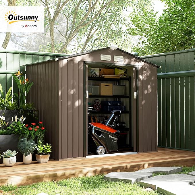 Outsunny 7' x 4' Outdoor Storage Shed, Garden Tool Metal Shed with Foundation Kit, Double Lockable Door, Air Vents and Sloping Roof, for Backyard, Patio, Lawn, Brown-VerdiqueGarden