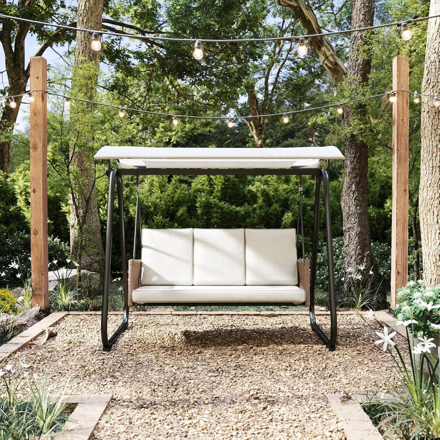 East Green Parker Patio Swing with Canopy - Covered 3 Person Free Standing Porch Swing with Cushions for Backyards, Gardens, and Lawns-VerdiqueGarden