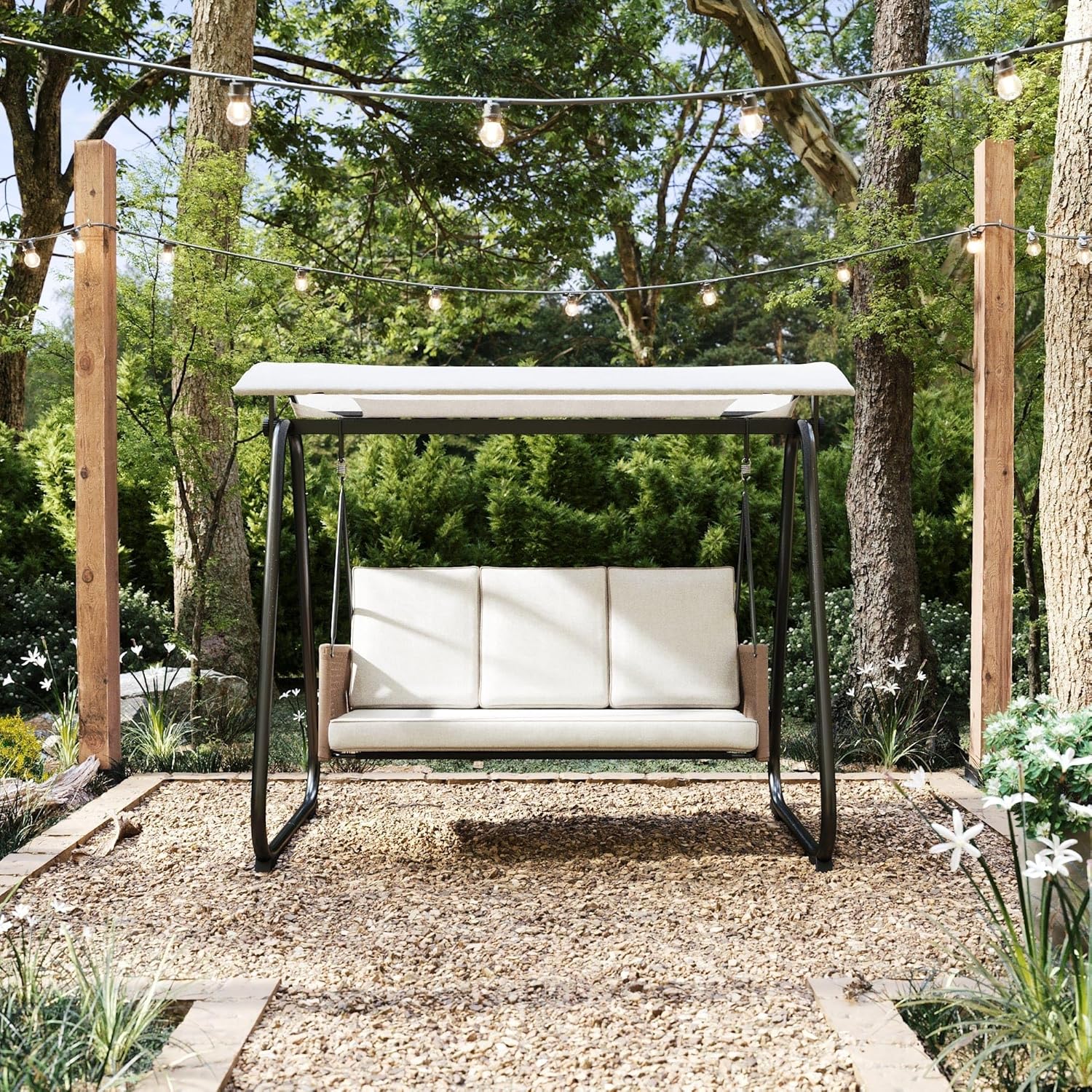 East Green Parker Patio Swing with Canopy - Covered 3 Person Free Standing Porch Swing with Cushions for Backyards, Gardens, and Lawns-VerdiqueGarden