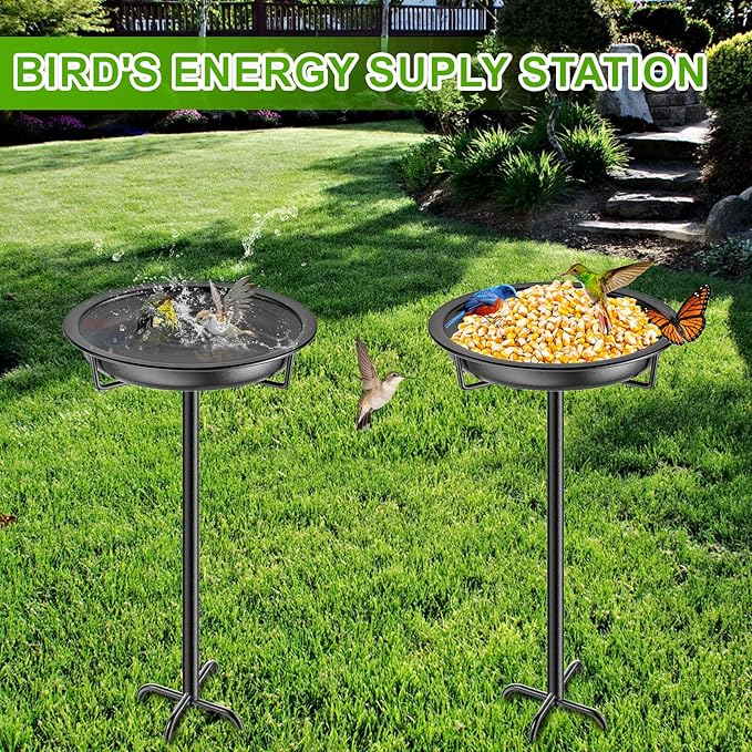 Metal Bird Bath for Outside Garden Birdbath Bowl, 36.2" Height Freestanding Bird Feeders for Outdoors with 4 Prongs Base Stake, Standing Birdfeeders for Yard Lawn Decor (Black)-VerdiqueGarden