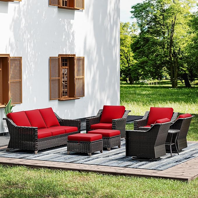 Joyside Wicker Patio Furniture Sets, 8 Pieces Upgraded Large Size Outdoor Furniture with Swivel Rocking Patio Chairs, Patio Dining Chair, 3-Seat Sofa, Outdoor Ottoman, Thick Cushions, Wide Armrest-VerdiqueGarden