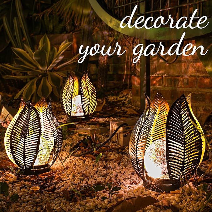 Solar Garden Lights Waterproof Decorations,Crackle Globe Glass,Metal Palm Leaf Solar Lights for Outdoor Decor On Garden,Patio,Yard,Front Porch,Tabletop Lamp-Perfect Gifts-VerdiqueGarden
