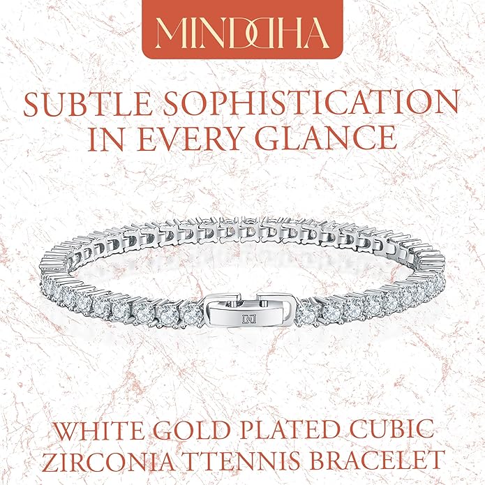 MINDDHA 14K Gold/White Gold Plated Cubic Zirconia Tennis Bracelet | Silver, Gold Bracelets for Women | Elegant CZ Tennis Bracelet for Women, Thin, Dainty, & Classic, Size 6-8 Inch