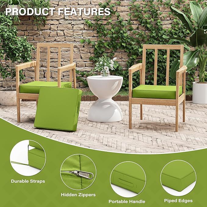 Patio Chair Cushions 17 X 16 X 3 Inch Waterproof Outdoor Seat Cushions for Patio Furniture, Outdoor Sofa Couch Pads with Ties & Handle, Set of 2, Grass Green-VerdiqueGarden