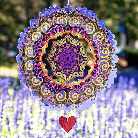SteadyDoggie 12-Inch 3D Wind Spinners Outdoor - Mandala Purplerain Windmill Yard Decorations - Stainless Steel Laser Cut Ornament - Kinetic Garden Decor for Outside-VerdiqueGarden