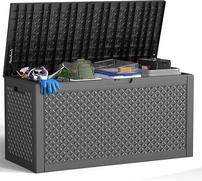 100 Gallon Waterproof Outdoor Storage Box,Resin Deck Box,Lockable Outside Storage Box Container for Patio Furniure,Garden,Pool Tools (100 Gallon,Black pattern)-VerdiqueGarden