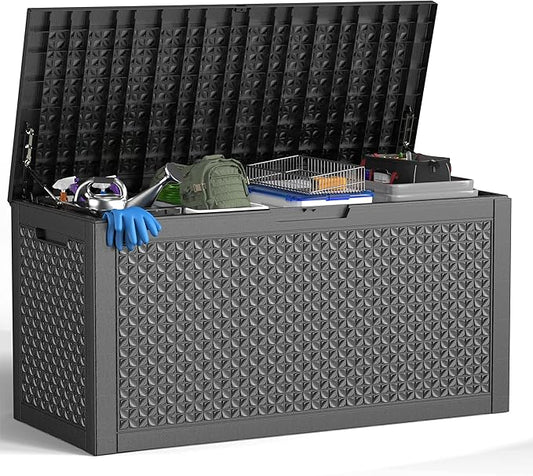 100 Gallon Waterproof Outdoor Storage Box,Resin Deck Box,Lockable Outside Storage Box Container for Patio Furniure,Garden,Pool Tools (100 Gallon,Black pattern)-VerdiqueGarden