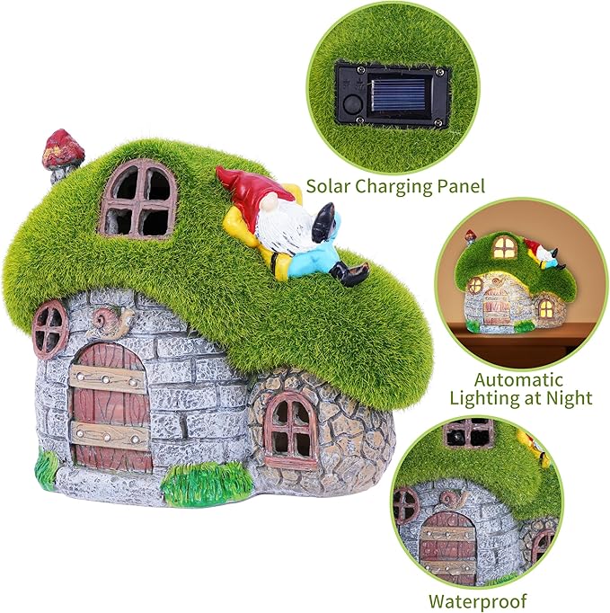 ILLUMINEW House Garden Statues with Solar Lights, LED Cute Flocked Fairy House with Gnomes Garden Figurine, Outdoor Patio Yard Lawn Decorations Gift-VerdiqueGarden