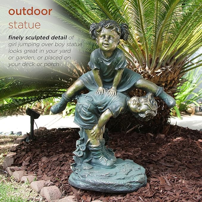 Alpine Corporation 26" Tall Indoor/Outdoor Girl Jumping Over Boy Statue Yard Art Decoration-VerdiqueGarden