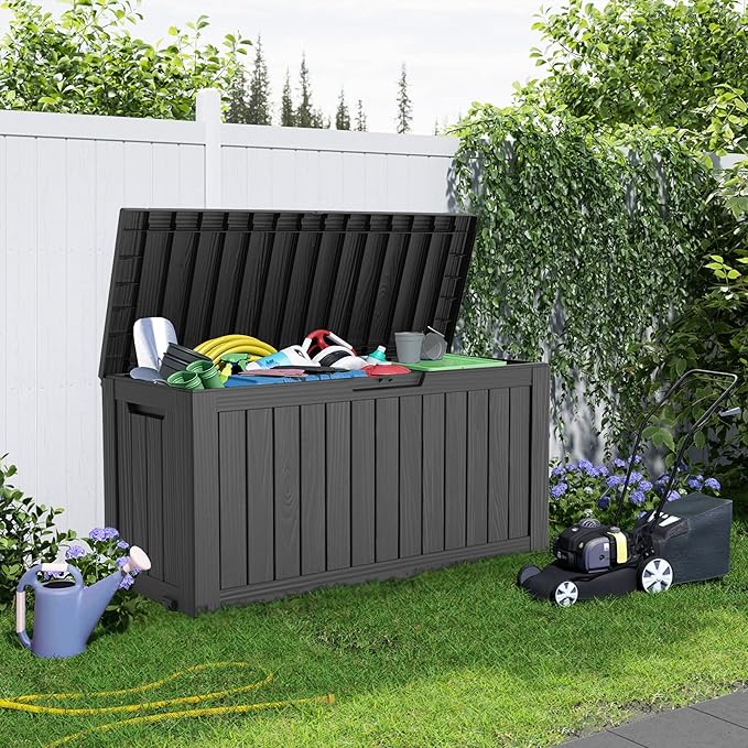 75 Gallon Resin Deck Box, Lockable Patio Outdoor Storage Box for Furniture, Garden Tools and Tools Storage, Waterproof Outside Storage Boxes - Black-VerdiqueGarden