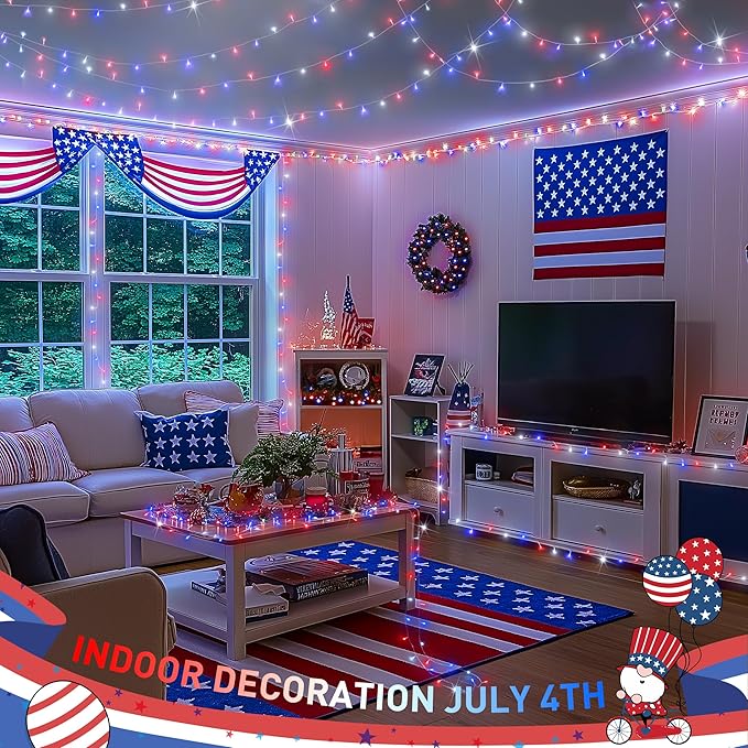 JMEXSUSS 4th of July Decorations Red White and Blue Lights, 33ft 100 LED String Light Indoor Plug-in, 8 Modes Patriotic 4th of July Lights for Indoor Outdoor Independence Day American Flag Holiday-VerdiqueGarden