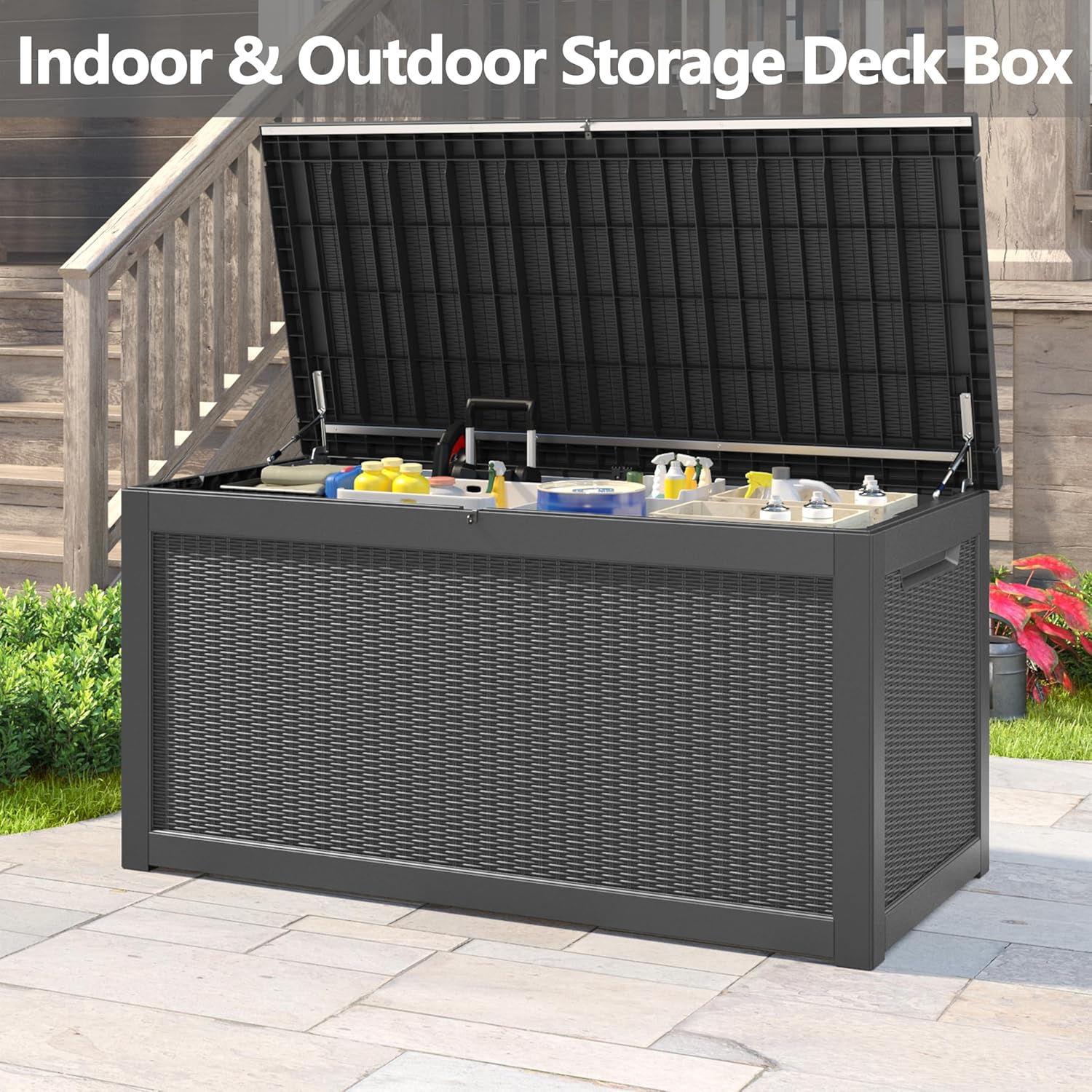 260 Gallon Resin Deck Box, Large Indoor and Outdoor Storage Box, Weatherproof and UV Resistant Outdoor Storage Box with Built-in Steel Beams for Patio Cushions, Pool Supplies-VerdiqueGarden