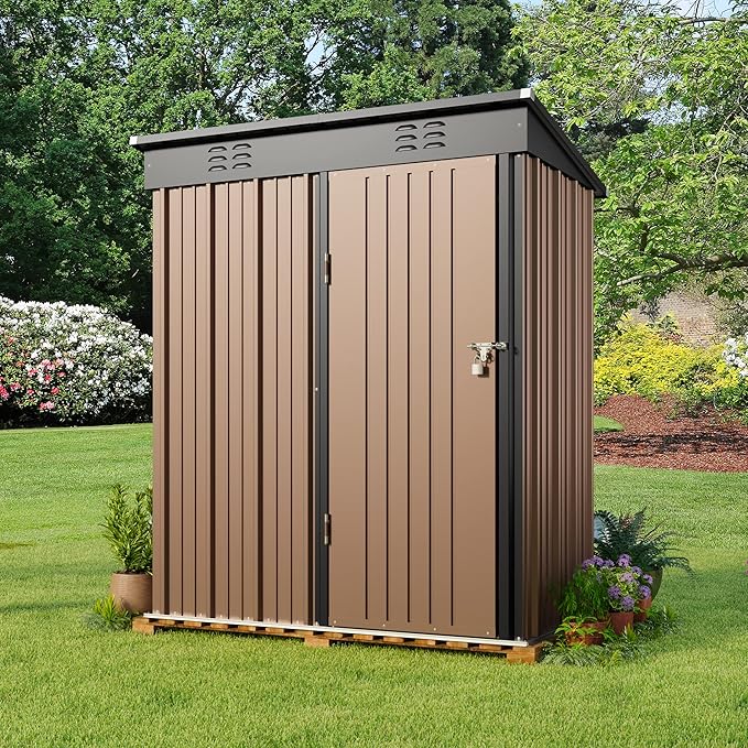 Gizoon 5' x 3' Outdoor Storage Shed with Singe Lockable Door,Galvanized Metal Shed with Air Vent Suitable for The Garden,Tiny House Storage Sheds Outdoor for Backyard Patio Lawn-Brown-VerdiqueGarden