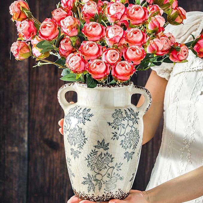 Enra Vintage vase with Handle,9.4 inch Blue and White Ceramic Decorative Flower vase, Chinoiserie Floral Vase,Large Rustic Vases for Home Decors, Living Room, Bookshelf, Office-VerdiqueGarden