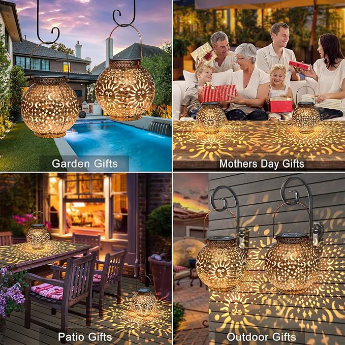 Go2garden Outdoor Solar Lanterns Waterproof Garden Gifts Women Yard Decorations Metal Moon Sun Hanging Solar Lights for Patio, Balcony, Tabletop,Birthday Mothers Day Gifts for Mom (Bronze,2Pack)-VerdiqueGarden