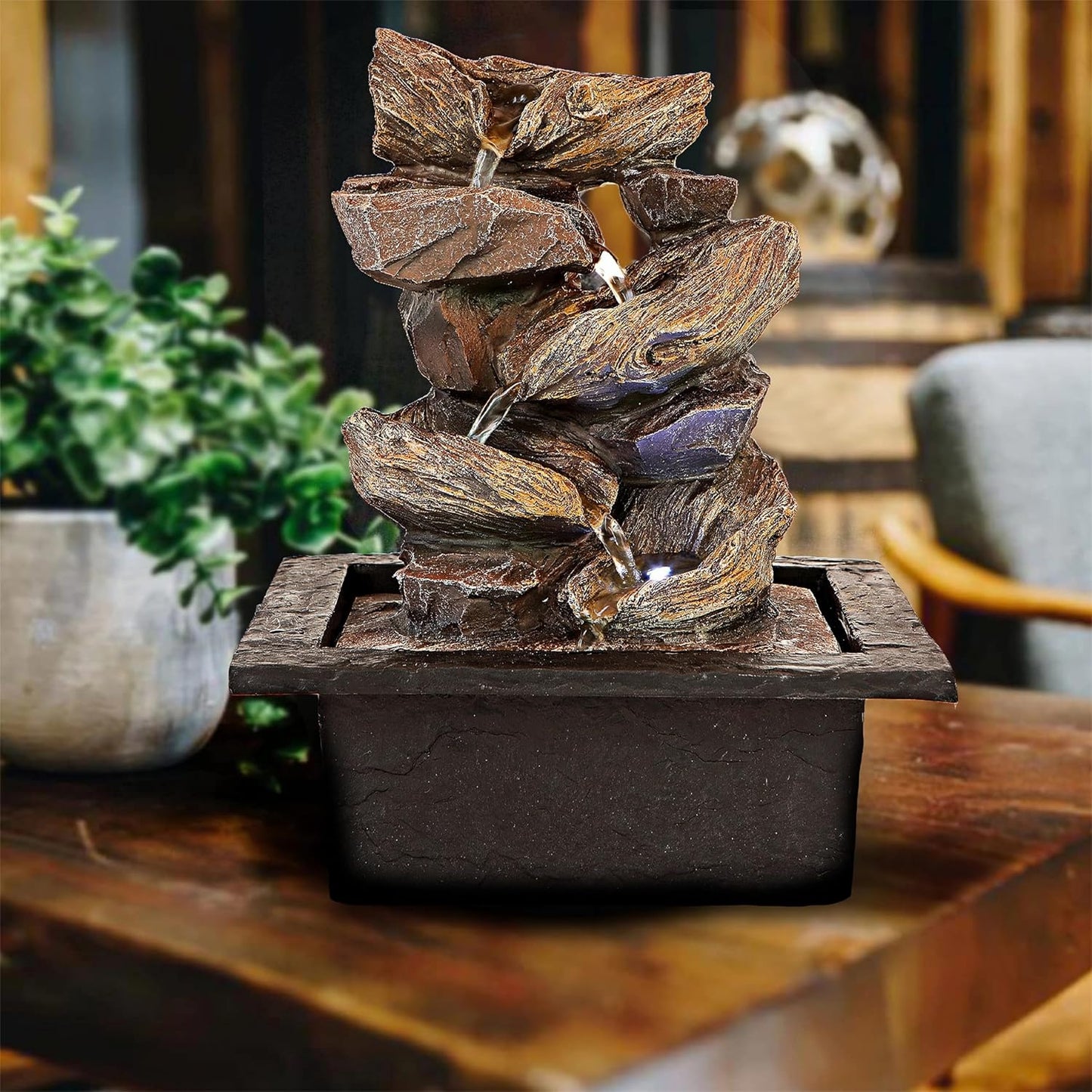 Father'sDen Collection 11-inch Waterfall Fountain Indoor - Tabletop Water Fountain - Indoor Fountains and Waterfalls with Soothing Sounds & In-Pot LED Light Enhancement-VerdiqueGarden