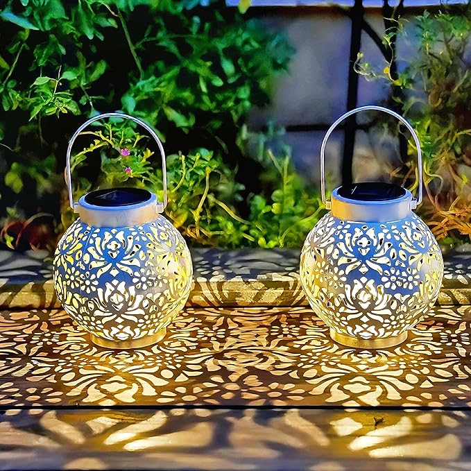 Set of 2 Outdoor Solar Hanging Lantern Lights Metal LED Decorative Lamp for Garden Patio Courtyard Lawn and Table with Hollowed-Out Design (White)-VerdiqueGarden