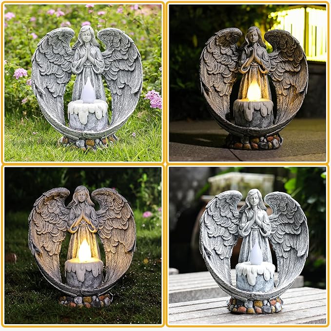 Angel Garden Statues Outdoor Cemetery Decorations for Grave Take The Cross Praying Wings Angel Figurine Cemetery Lights Patio Lawn Yard Porch Decorations 10.24 Inch-VerdiqueGarden