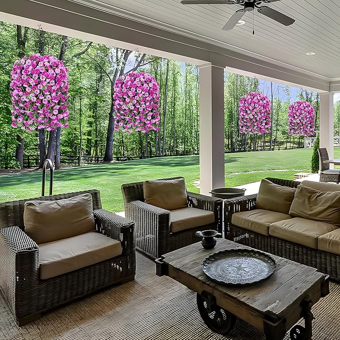 Hanging Baskets Artificial Flowers for Outdoor Interior Decor, Artificial Daisies Flowers Shrubs Plants with Baskets for Home Porch Garden Patio Spring Summer Decoration(Double Lotus)-VerdiqueGarden