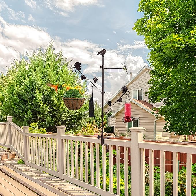 Urban Deco Deck Pole Porch Multi-Hook Bird Feeder Hooks for Deck Kit with Feeder Polyester and with 2 Adjustable Branches and Plastic Water Bowl-VerdiqueGarden