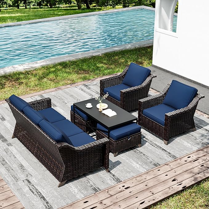 Joyside Wicker Patio Furniture Sets, 6 Pieces Upgraded Large Size Outdoor Furniture with Patio Dining Chairs, 3-Seat Sofa and Outdoor Ottoman, Thick Cushions, Wide Armrest-VerdiqueGarden