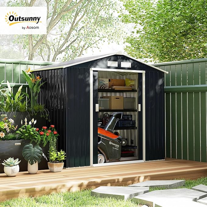 Outsunny 7' x 4' Outdoor Storage Shed, Garden Tool Metal Shed with Foundation Kit, Double Lockable Door, Air Vents and Sloping Roof, for Backyard, Patio, Lawn, Dark Gray-VerdiqueGarden