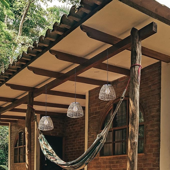 Vintage Rattan Basket Shade Solar Lantern Hanging Lighting Country Style Pendant Light Patio Garden Farmhouse Decoration Rustic Handmade Rattan Pendant Lamps.-VerdiqueGarden
