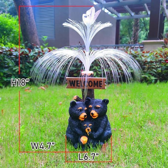 Solar Bear Garden Statues,Resin Black Bear Family Figurine with Welcome Card and 7-Color Changing Optical Fiber with Solar Lights, Lawn Decor Outdoor Statue for Patio,Balcony,Yard,Lawn-VerdiqueGarden