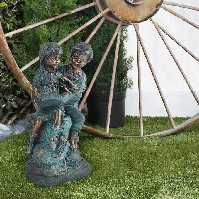 Alpine Corporation 15" Tall Indoor/Outdoor Girl and Boy Reading Together Statue Yard Art Decoration-VerdiqueGarden
