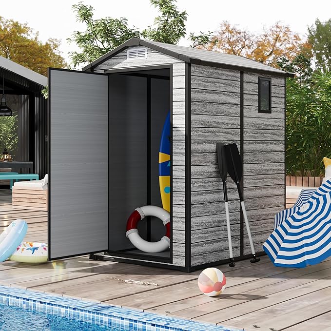 All-Weather Plastic Shed with Window, Outdoor Resin Garden Shed with Lockable Door and Vents, Outdoor Resin Storage Sheds for Backyard, Patio, Lawn, Tool, Bike-VerdiqueGarden