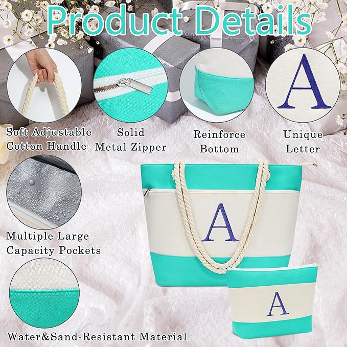 YOOLIFE Beach Bags for Women - Initial Tote Waterproof Bag with Makeup Bag, Mothers Day Gifts for Women Mom Friend Birthday-VerdiqueGarden