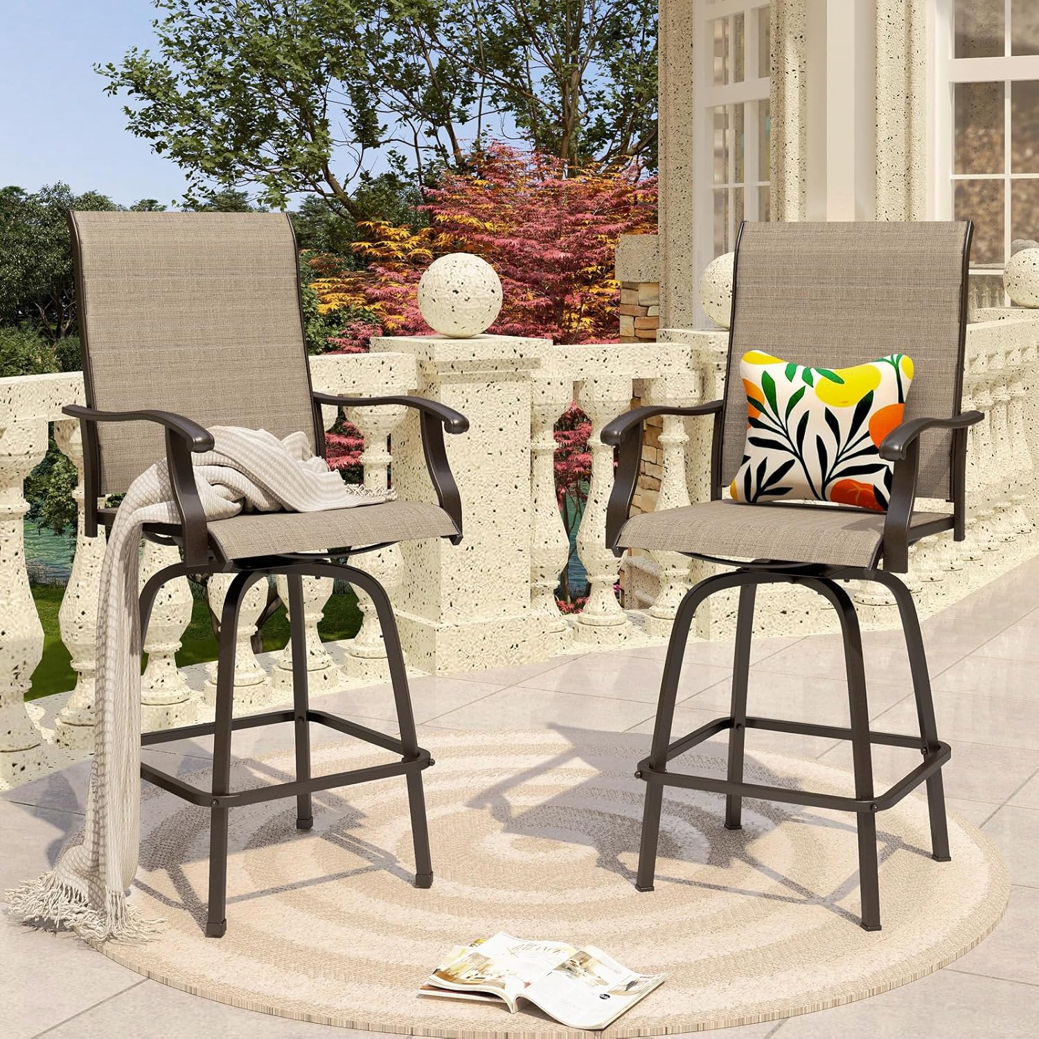 PHI VILLA Outdoor Swivel Bar Stools Set of 2, Bar Height Patio Chairs 30" Seat Height with All-Weather Brown Textilene Fabric, Tall Patio Chairs Furniture for Outside, Deck, Yard and Garden-VerdiqueGarden