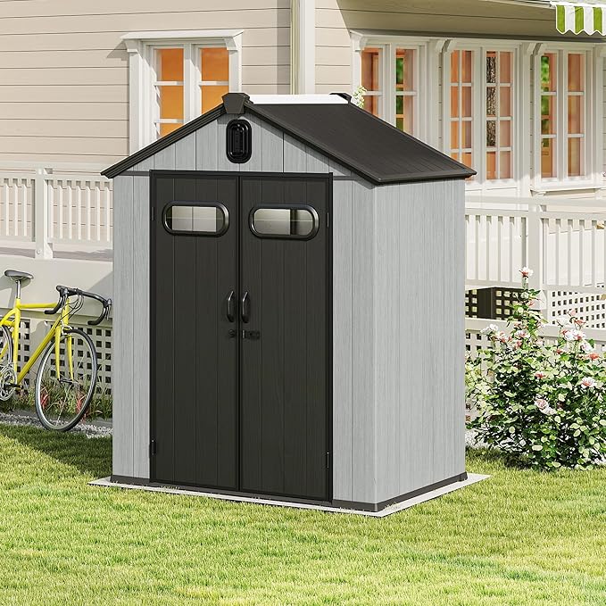 Domi 6x4FT Outdoor Resin Storage Shed with Transparent Windows & Louvered Vents, Plastic Tool Shed with Double Lockable Doors & Gable Roof, Outside Garden Shed for Backyard, Patio, Lawn, Grey-VerdiqueGarden