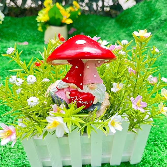 Garden Pink Tiny Gnome Couple Statue with Red Heart Mushroom Funny Outdoor Resin Figurines Home Decorations Valentine’s Day Housewarming Ornament Gift-VerdiqueGarden