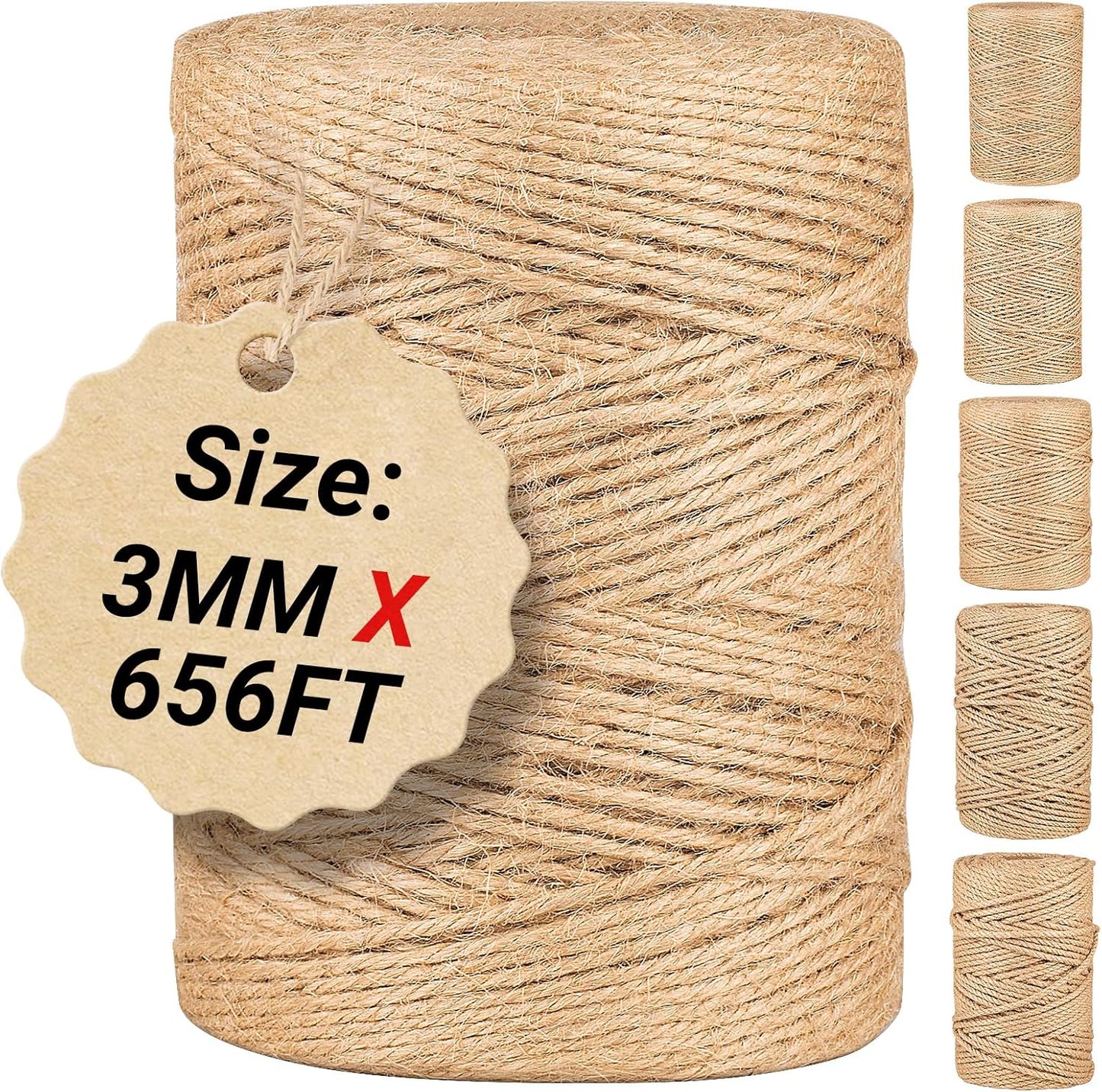 Natural Jute Twine String,Bulk Jute Rope Cord Twine for Crafting Gardening,Roll of Thick and Thin Twine for Gift Wrapping,Brown Decorative Rope,Ornament Twine for Cat Scratch Post (3mm x 656ft)-VerdiqueGarden