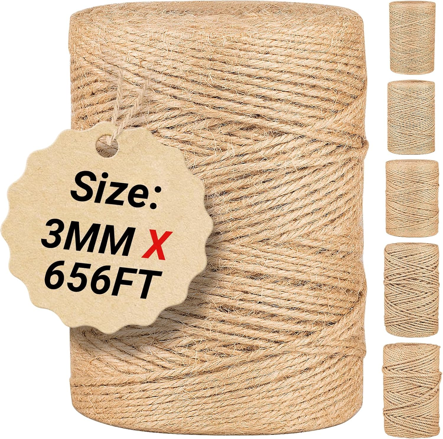 Natural Jute Twine String,Bulk Jute Rope Cord Twine for Crafting Gardening,Roll of Thick and Thin Twine for Gift Wrapping,Brown Decorative Rope,Ornament Twine for Cat Scratch Post (3mm x 656ft)-VerdiqueGarden