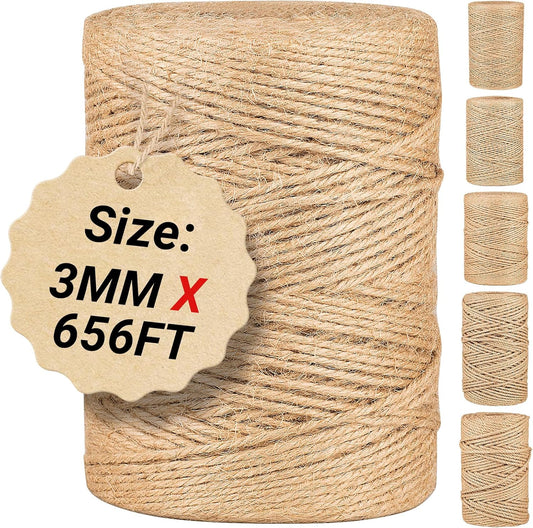 Natural Jute Twine String,Bulk Jute Rope Cord Twine for Crafting Gardening,Roll of Thick and Thin Twine for Gift Wrapping,Brown Decorative Rope,Ornament Twine for Cat Scratch Post (3mm x 656ft)-VerdiqueGarden