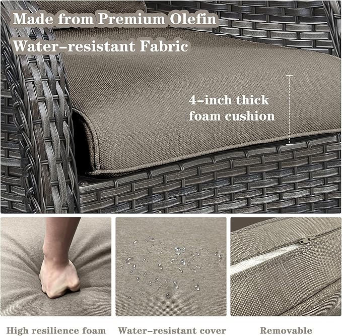 5 Piece Outdoor Patio Furniture Set - Outdoor Conversation Couch and Loveseat Glider Chair Furniture Set with Rattan Coffee Table for Deck Balcony Poolside Gray Wicker/Grey Cushions-VerdiqueGarden