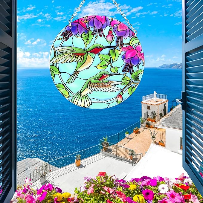 Hummingbird Suncatcher Stained Glass - Hummingbird Gifts for Women, Birds Suncatchers for Windows - Birds Window Hangings with Chain and Hook, 6 inch Stained Glass Suncatcher for Mom-VerdiqueGarden