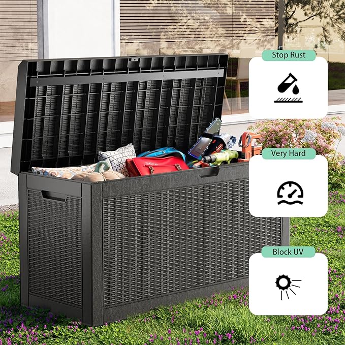DRATO 60 Gallon Deck Box, Waterproof Resin Large Outdoor Storgae Box for Patio Furniture, Patio Cushions, Gardening Tools, Pool and Sports Supplies, Lockable-VerdiqueGarden