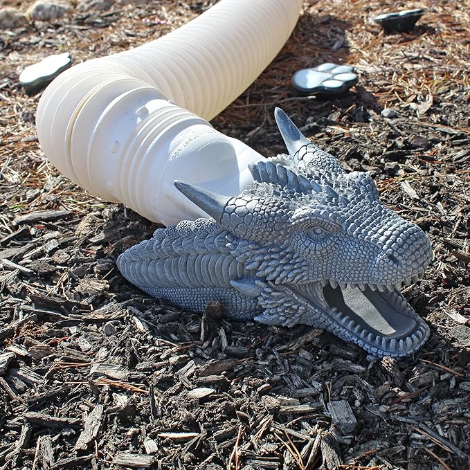 Dragon Garden Downspout Sculpture; Splash Block Anchor w/Ramp for Downspout Extension-VerdiqueGarden