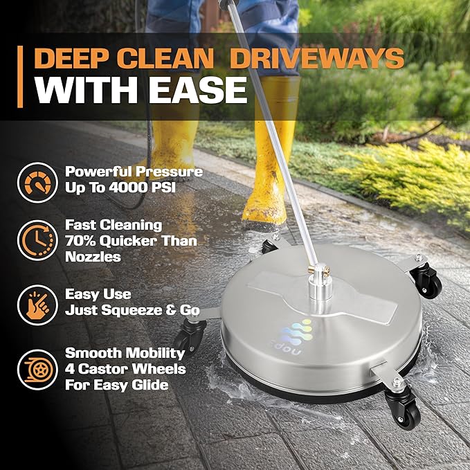 EDOU 18 inch Pressure Washer Surface Cleaner - Stainless Steel Power Washer Attachment - 4,000 PSI Max - Concrete Cleaner with Dual Nozzles and Extension Wands - Silver-VerdiqueGarden