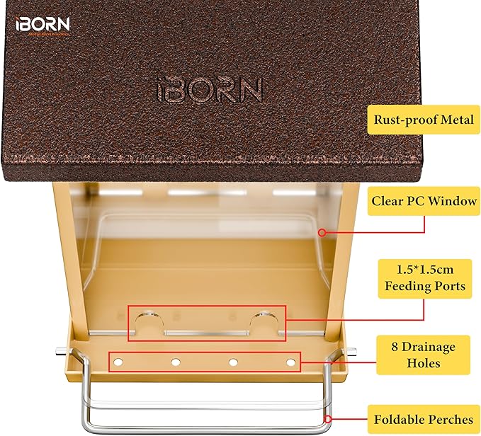 iBorn Bird Feeders for Outdoors,Bird House Feeder with Weatherproof Metal Roof & 8 Drain Holes,Fully Detachable Birdfeeder Design,Easy Clean & Refill,Chew-Proof PC Windows,1.5 Lbs Capacity,Coffee Roof-VerdiqueGarden