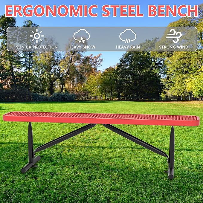 48" L Outdoor Steel Flat Bench, Heavy Duty Metal Park Bench for Outside, Expanded Metal, Commercial Benches Mesh Bench for Shopping Mall, Store, Lawn, Park, Patio, Deck, Garden (Red, 6FT)-VerdiqueGarden