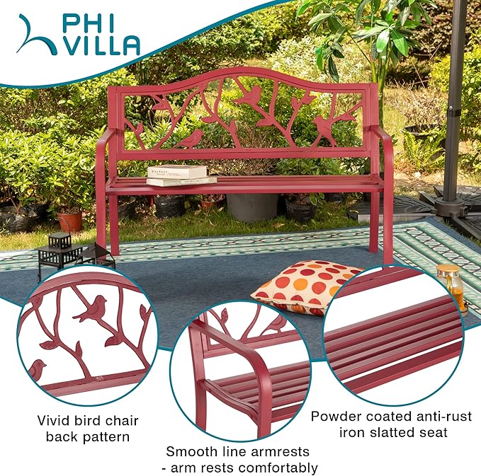 PHI VILLA Outdoor Patio 50" Metal Park Bench Red, Steel Frame Bench with Backrest and Armrests for Porch, Patio, Garden, Lawn, Balcony, Red Bird-VerdiqueGarden