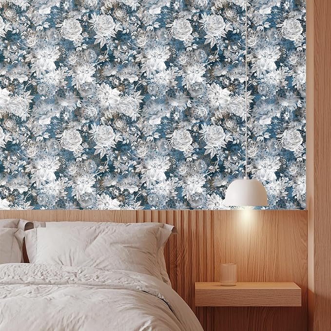 Vintage Garden Peel & Stick Floral Wallpaper - Removable White/Blue Vinyl Self Adhesive Mural - 17.7in x 9.84ft-VerdiqueGarden