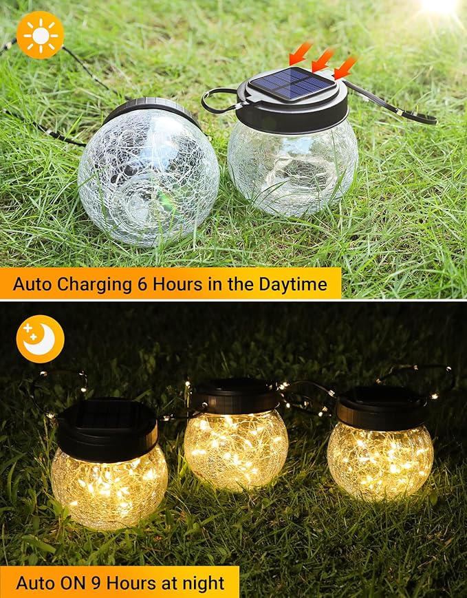 Solar Lantern Solar Lights Outdoor Waterproof 2-Pack, Solar Powered Hanging Lights Cracked Glass Hanging Globes for Christmas Decoration, Shepherd Hook, Garden Tree Ornaments-VerdiqueGarden